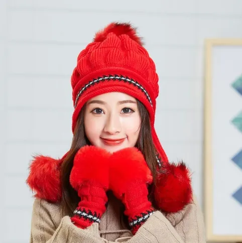 Cozy Knit Fleece Feel Beanie With Ear Flaps & Pompom Warm Winter Hat For Women Perfect For Skiing & Outdoor Activities Red - Shop at LoveMi