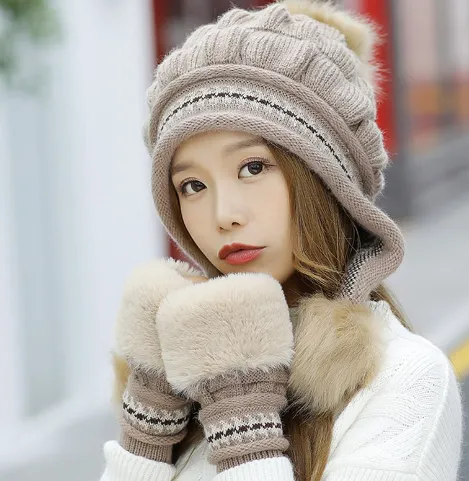Cozy Knit Fleece-Feel Beanie With Ear Flaps & Pompom Warm Winter Hat For Women Perfect For Skiing & Outdoor Activities - Kachi A