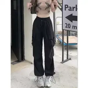 High Street Hip Hop Hiphop Overalls Women's American Retro INS Dopamine Wide-leg Slacks - Black