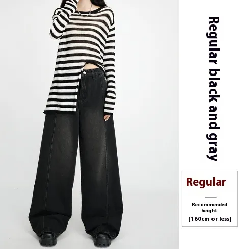 Loose Wide Leg Draping Mop Slimming High Waist Denim Trousers - Gray