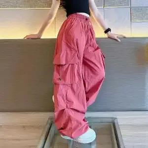 High Street Hip Hop Hiphop Overalls Women's American Retro INS Dopamine Wide-leg Slacks - Watermelon Red