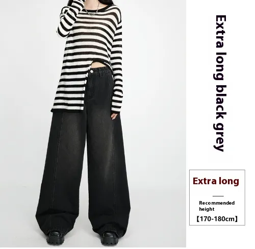 Loose Wide Leg Draping Mop Slimming High Waist Denim Trousers Black Gray Extra Long - Shop at LoveMi
