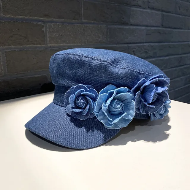 Denim Flat top Cap Women's Three dimensional Contrast Color Flowers Dark Blue - Shop at LoveMi