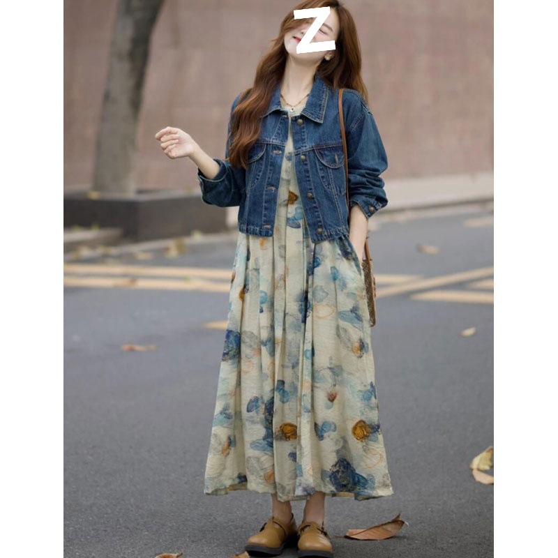 Denim Coat Floral Skirt