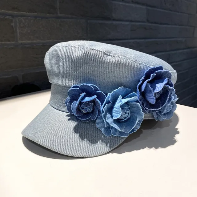 Denim Flat top Cap Women's Three dimensional Contrast Color Flowers Light Blue - Shop at LoveMi