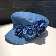 Denim Flat-top Cap Women's Three-dimensional Contrast Colour Flowers - Medium Blue - View 1
