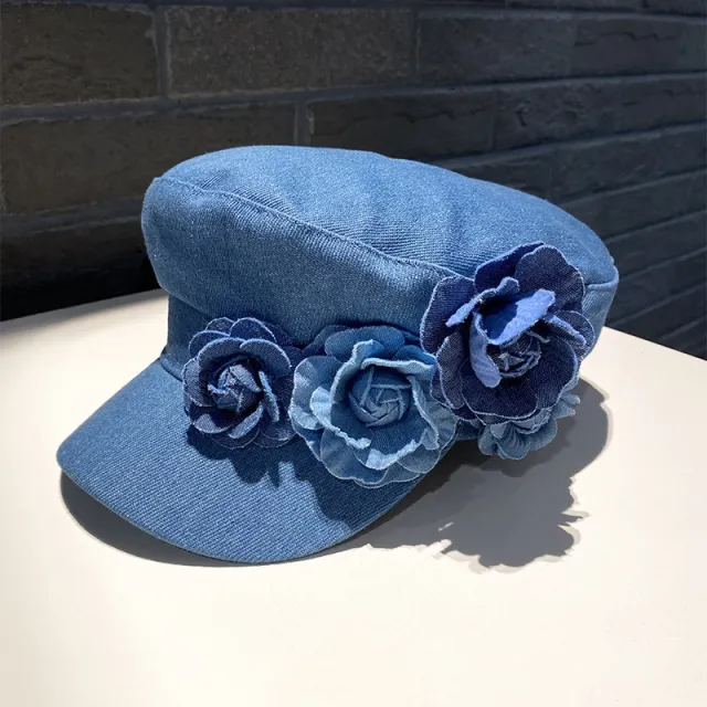 Denim Flat top Cap Women's Three dimensional Contrast Color Flowers Medium Blue - Shop at LoveMi