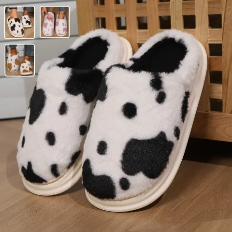Cute Cow Spotted Plush Slippers Winter Warm Non-slip Bedroom