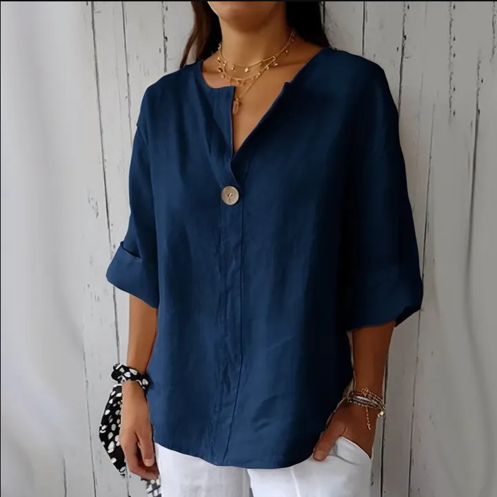 V-neck Long-sleeved T-shirt Fashion Loose Cotton And Linen Button Tops For Women - Navy
