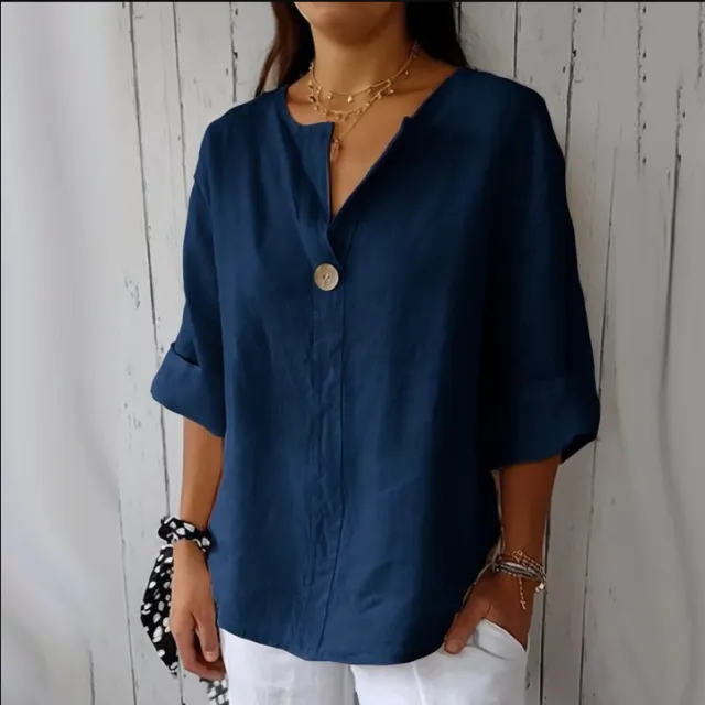 V neck Long sleeved T shirt Fashion Loose Cotton And Linen Button Tops For Women Navy - Shop at LoveMi