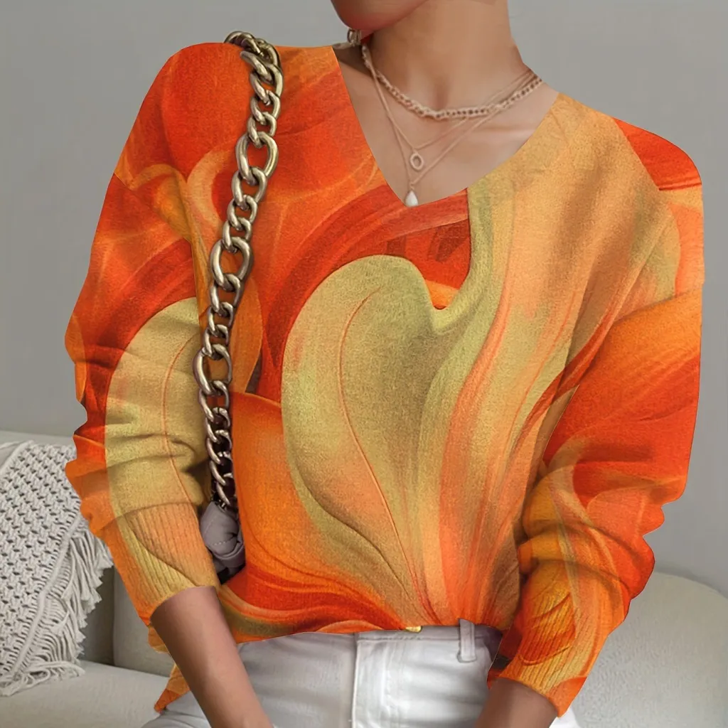 Full Body Printed V-neck Long Sleeve Sweaters - Orange
