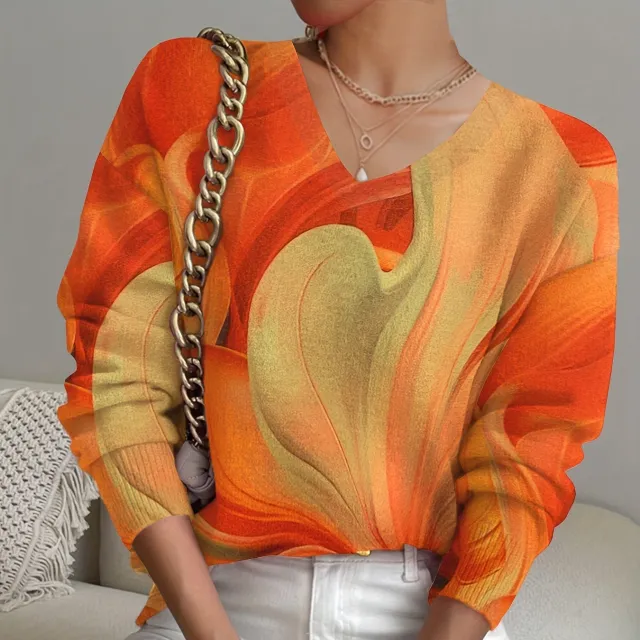 Full Body Printed V neck Long Sleeve Sweaters Orange - Shop at LoveMi
