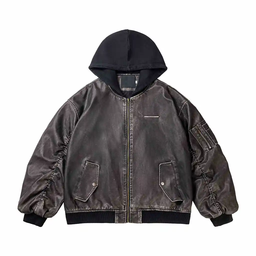 Distressed Hooded Flight Jacket Men's And Women's Heavy Coat - Black