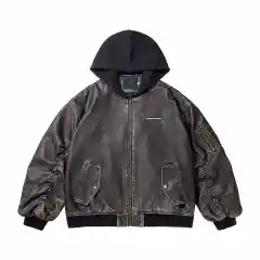 Distressed Hooded Flight Jacket Men's And Women's Heavy Coat - Black - View 1
