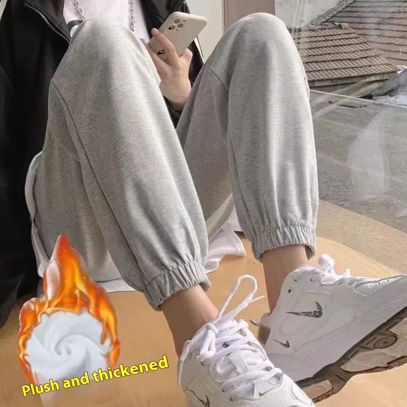 Fleece-lined Outer Wear Straight-leg Ankle-banded Pants - Gray Velvet