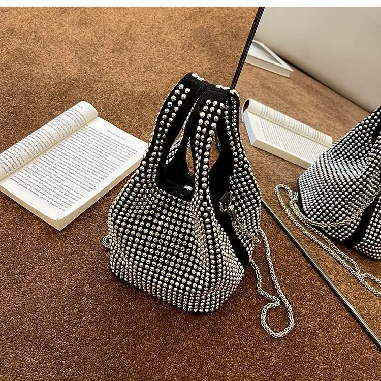Design Full Diamond Women's Bag Summer All-matching Chain Messenger Bag Bucket Bag - Silver
