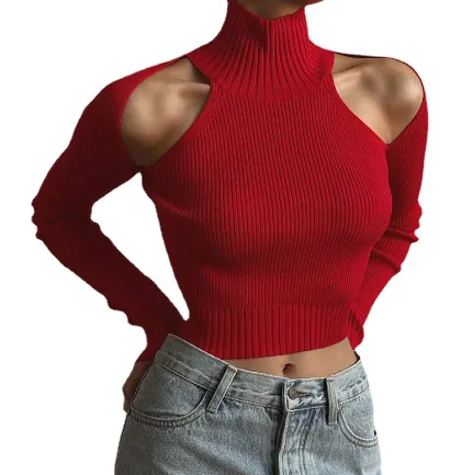 Street Style Personality High Neck Shoulder Cut Out Long Sleeve T shirt Lady Red - Shop at LoveMi
