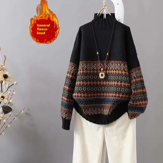 Women's Half Turtleneck Pullover Artistic Retro Black Plus Velvet - Shop at LoveMi
