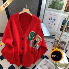 College Style All-matching Youthful-looking Knitted Cardigan - Red With Velvet Lining - View 1