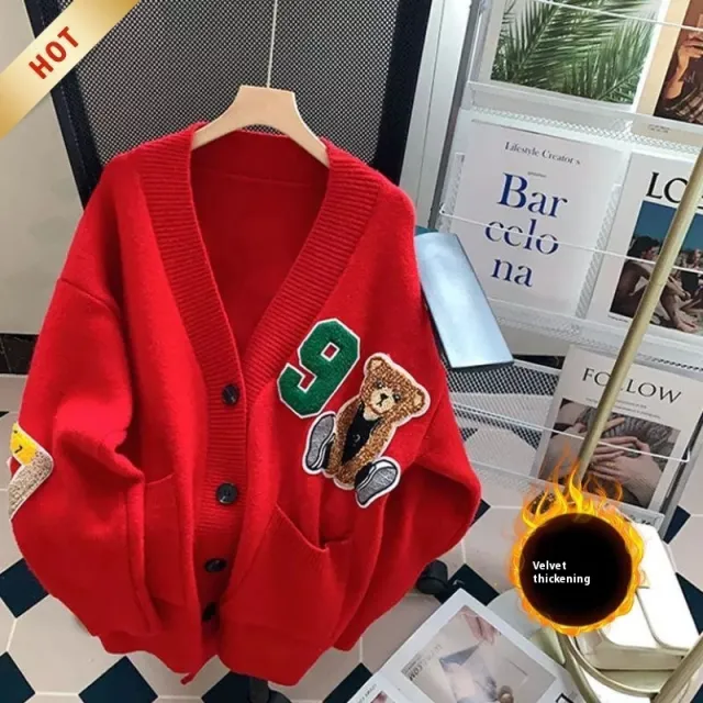 College Style All matching Youthful looking Knitted Cardigan Red With Velvet Lining - Shop at LoveMi