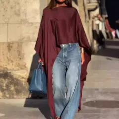 Independent Station Irregular Hem Loose And Stylish Long Sleeves - Wine - View 1