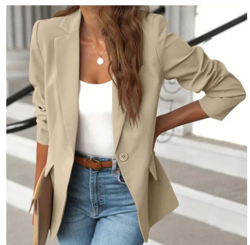 Ins Lapel Button Jacket Fashion Commuter Casual Suit Jacket Women's Long sleeved Tops Outwear Clothing Off White - Shop at LoveMi