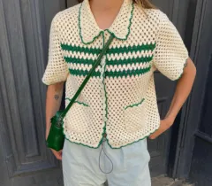 Women's Striped Lapel Hollow Short-sleeved Top With Skirt Suit - Green Top - View 1