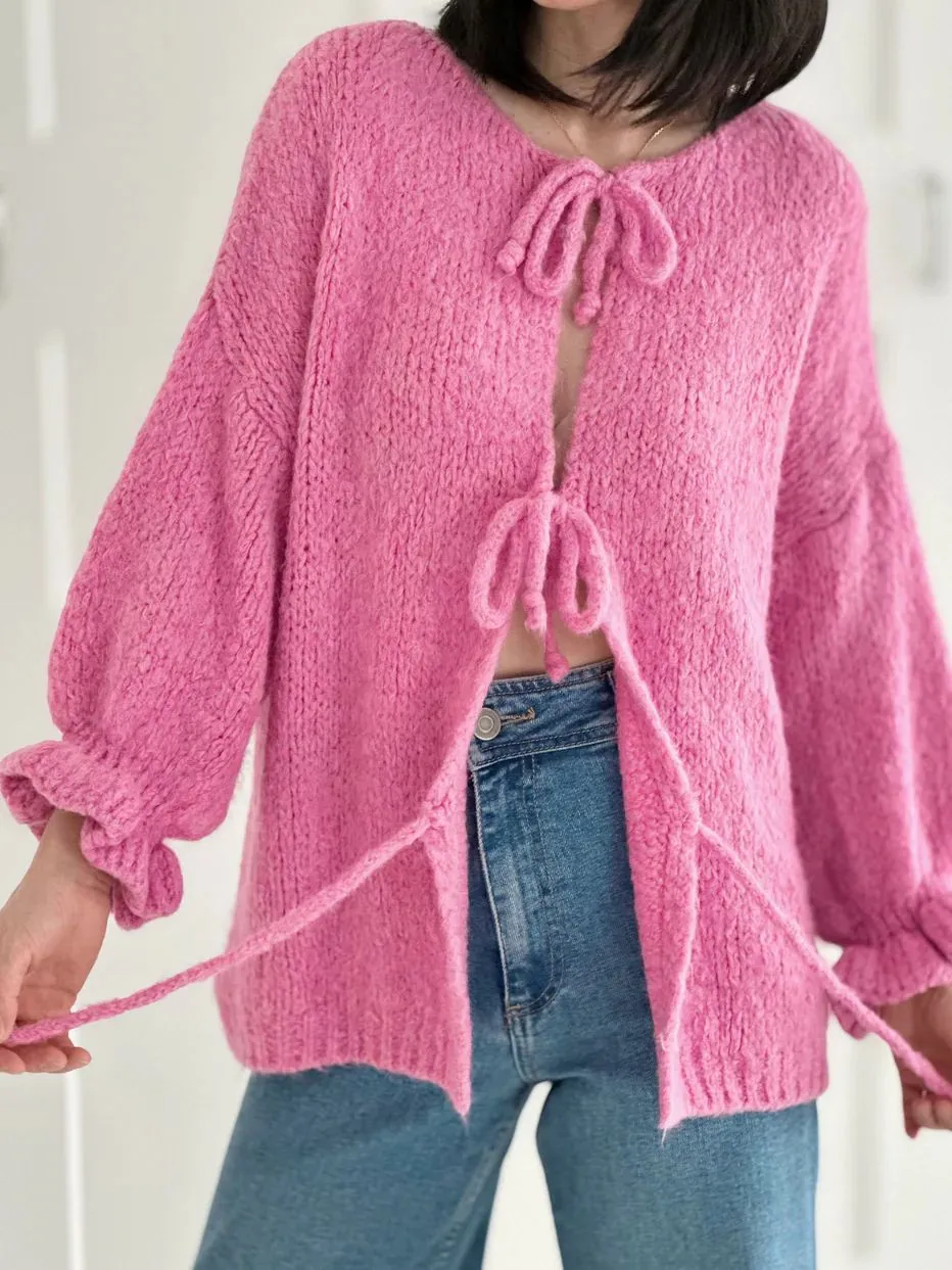 Long Sleeve Lace-up Knitted Cardigan Sweater - Pink
