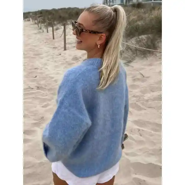 Women's Vintage Knitted Sweater Fashion Solid Color Blue - Shop at LoveMi