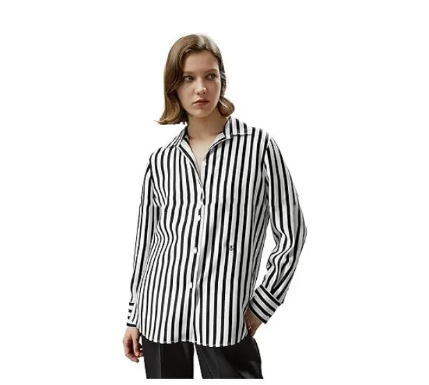 Fashionable Simple Striped Shirt Top For Women Black - Shop at LoveMi