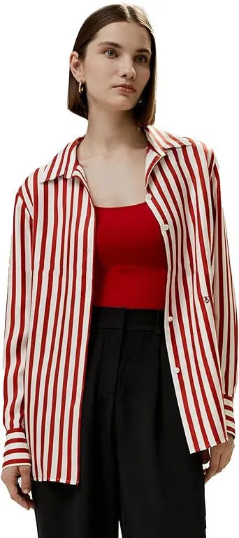 Fashionable Simple Striped Shirt Top For Women Red - Shop at LoveMi
