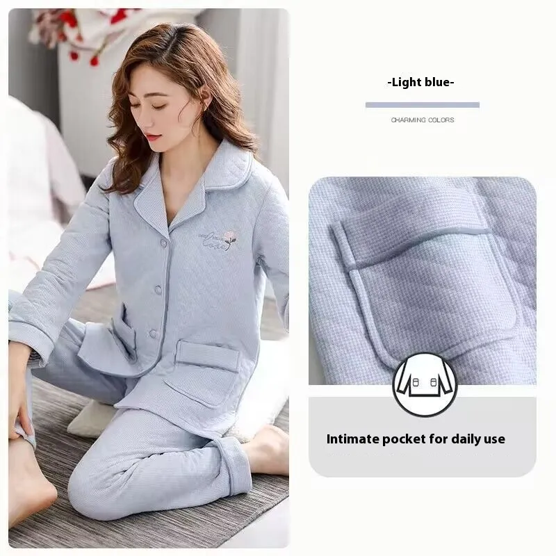 Women's Thick Warm 100 Cotton Pajamas - Cardigan 5506-M
