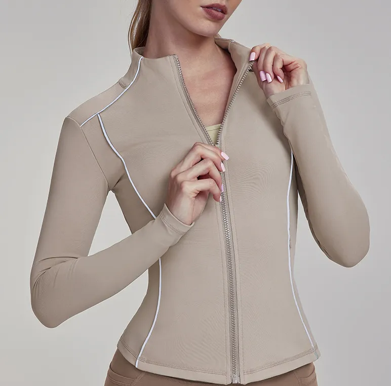 Autumn And Winter Fleece-lined Yoga Coat Top Women's Waist Slimming Zip-up Shirt - Khaki