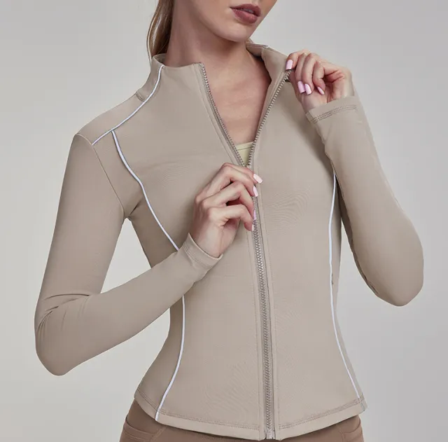 Autumn And Winter Fleece lined Yoga Coat Top Women's Waist Slimming Zip up Shirt Khaki - Shop at LoveMi