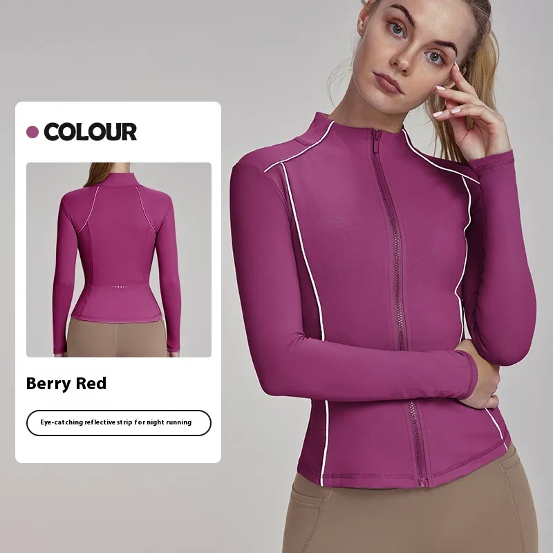 Autumn And Winter Fleece-lined Yoga Coat Top Women's Waist Slimming Zip-up Shirt - Berry Red