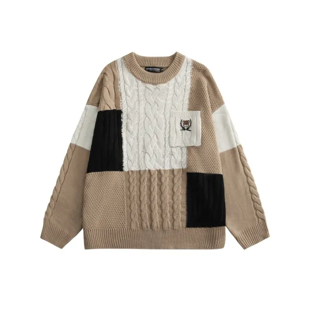 Color Matching Long Sleeve Round Neck Couple Wear Cable knit Sweater Women Brown - Shop at LoveMi
