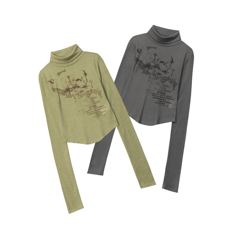 American-style Early Autumn Skull Letter Printed Turtleneck Top