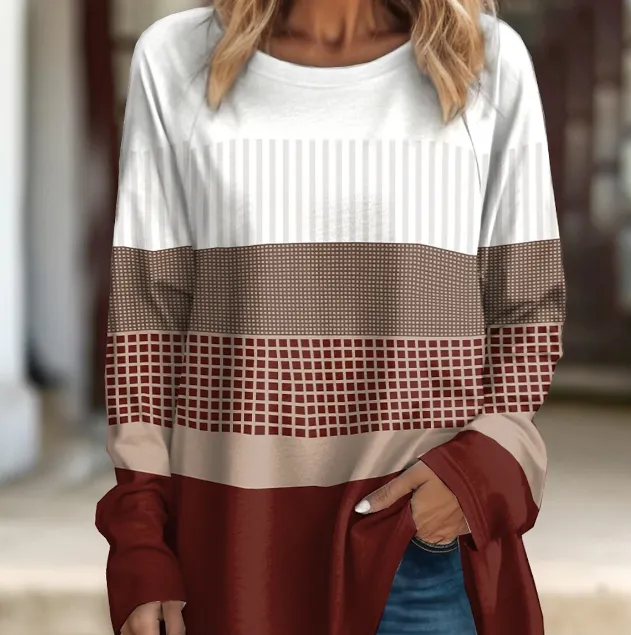 Women's 3D Pullover Printed Color Blocked Top - Red