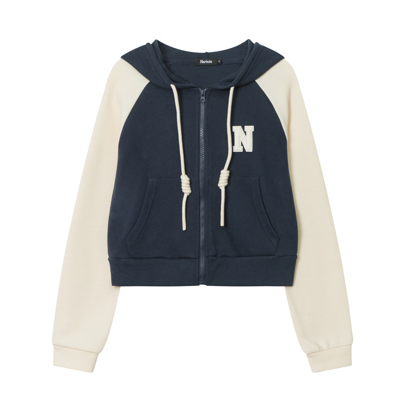 American-style BM-style Short Zipper Contrast Color Sweatshirt Coat