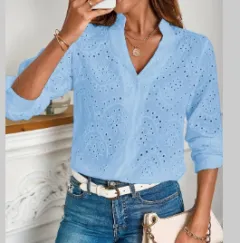 V-neck Leisure Embroidery Long Sleeve Shirt - Blue - View 1