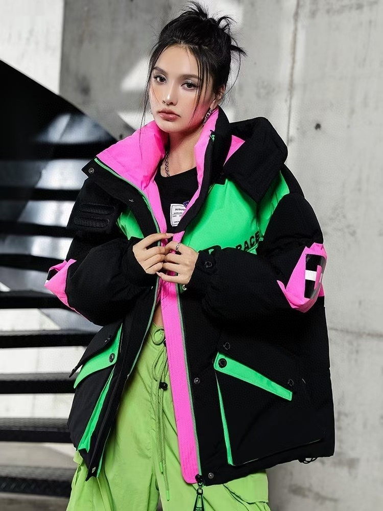Thick Down Jacket Hooded Color Contrast Stitching Workwear For Women