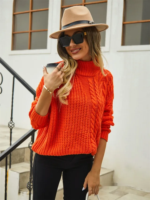 Cable knit Sweater Plus Size Loose Mock Neck Sweater Orange - Shop at LoveMi