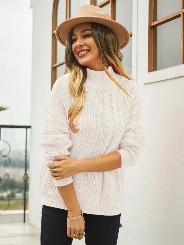 Cable knit Sweater Plus Size Loose Mock Neck Sweater Apricot - Shop at LoveMi