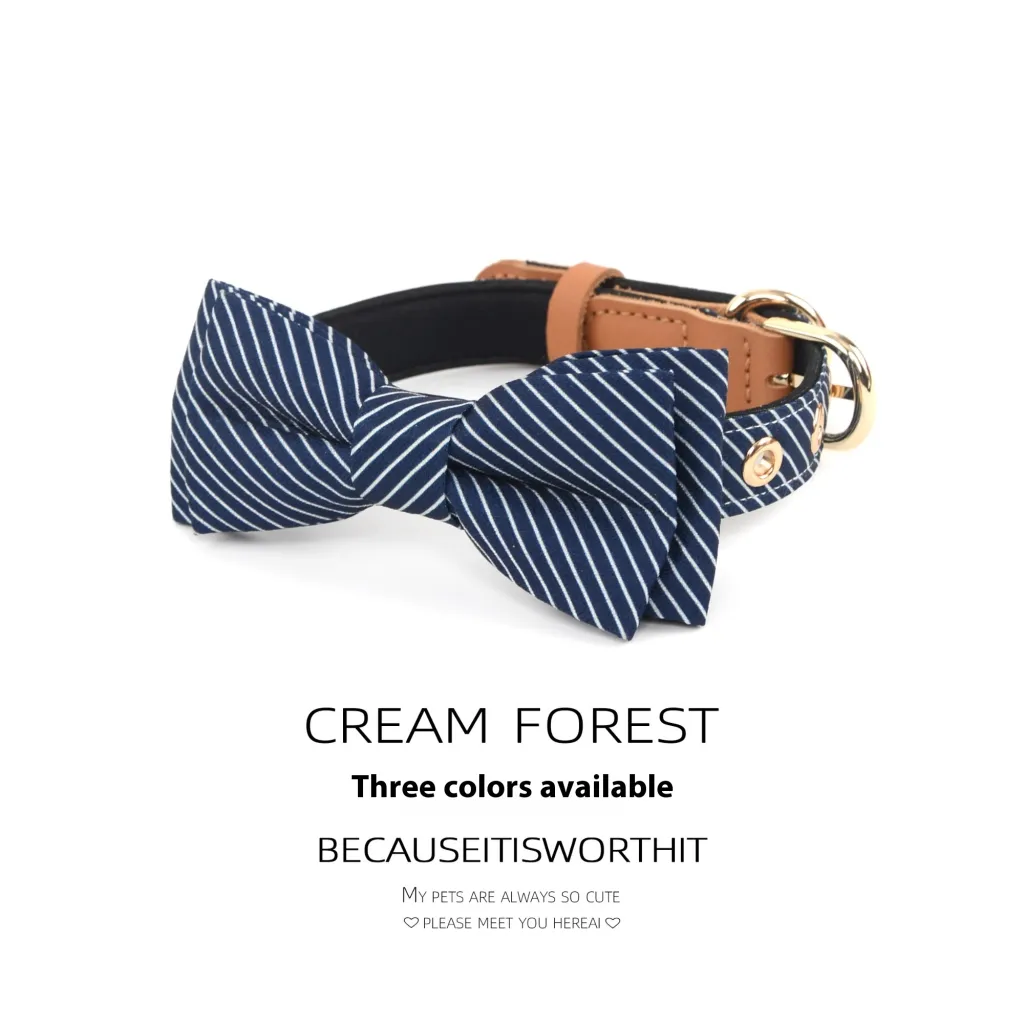 Simple Cotton Detachable Bow Dog Collar - Dark Blue No Lettering