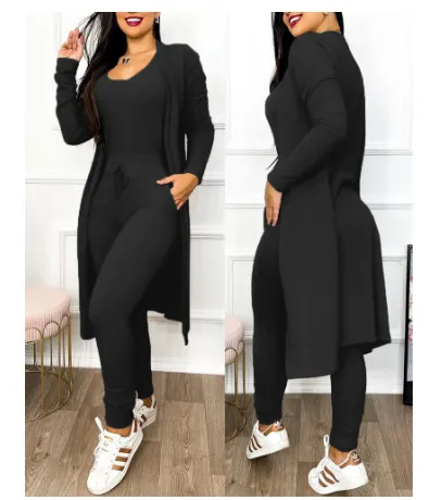 Women's Casual Suit High Waist Slip-on Casual Pants Drawstring Pocket Design Jumpsuit And Cardigan Cover - Black 2
