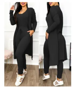 Women's Casual Suit High Waist Slip-on Casual Pants Drawstring Pocket Design Jumpsuit And Cardigan Cover - Black 2 - View 1