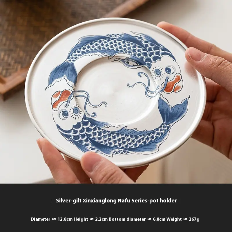 Silver Gilded Xianglong NAFU Horseshoe Lidded Bowl Tea Set