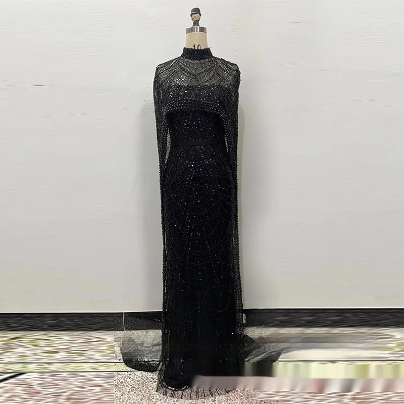 Pearl Embroidery Material Evening Party Dress - Black