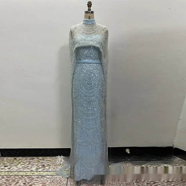 Pearl Embroidery Material Evening Party Dress Sky Blue - Shop at LoveMi