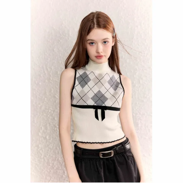 Diamond Plaid Half Collar Top Sleeveless Knitted Vest Beige - Shop at LoveMi